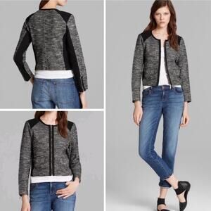 Eileen Fisher Black Tweed Zip Up Jacket With Ponte Knit Side Panels Size XL